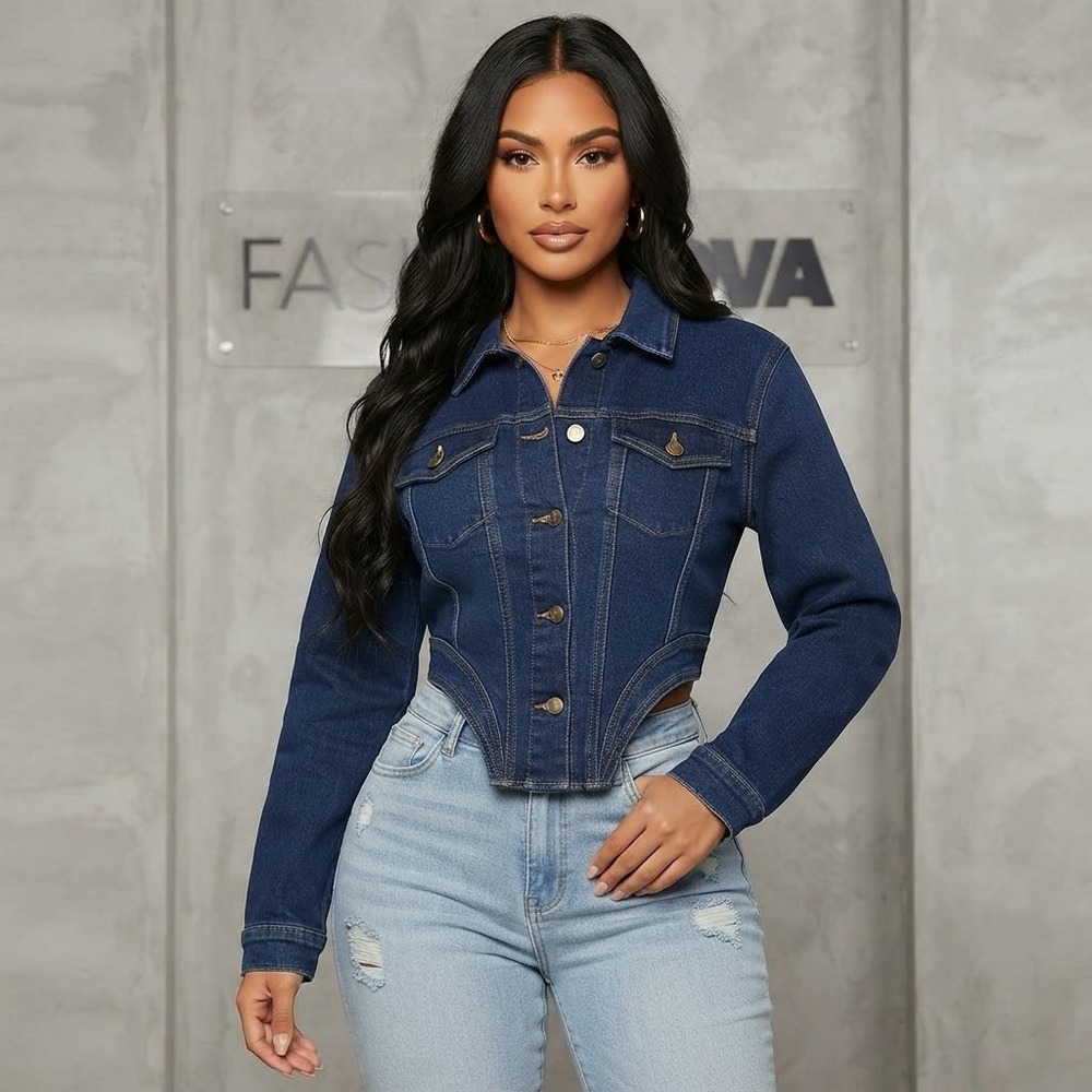 Fashion Nova Women's M Denim Cropped Corset Jacket Button Front Pockets Collared